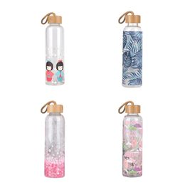 550ml Portable Glass Water Bottles With Bamboo Lid Rope Decanter for Juice Tea Japanese My Drinking Cup Sport Outdoor Office 201221