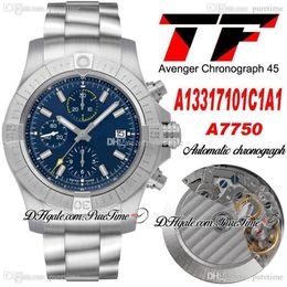 TF 45mm A13317101C1A1 ETA A7750 Automatic Chronograph Mens Watch Blue Yellow Dial White Stick Markers Stainless Steel Bracelet Stopwatch Watches Puretime A1