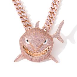 Hip Hop Iced Out Rose Gold Zircon Big Shark Pendant Necklace with Cuban Link Chain Necklace