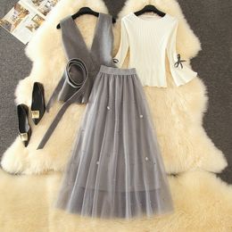 2020 Autumn New 3 Piece Set Women Flare Long Sleeve Bow Tie Pullover Sweater + Wool Ruffle Vest + Long Pearl Beading Mesh Skirts LJ201117