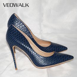 Veowalk Sexy Women Snake Skin Embossed High Heel Shoes Italian Style Navy Blue Fashion Ladies Extremely High Stilettos Pumps J1215