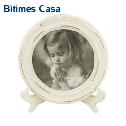 Bitimes Table Picture Photo Frame Classic Vintage Retro Wood MDF With Holder Round Shape Shabby-chic Home Decoration 201211