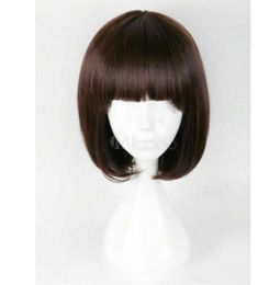 Messy black hair Bob dark brown short direct synthetic wig with bangs