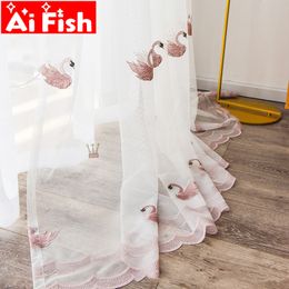 Pink Cute Swan Gauze Bedroom Tulle Balcony Decorative White Curtains Sheer Curtains Screens Living MY146-40 Y200421