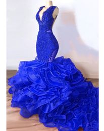 Stylish Royal Blue Ruffles Tiered Mermaid Prom Dresses 2022 Sexy Sheer Lace Beaded Train Tutu African Trumpet Evening Party Gowns Celebrity Dress Robe de soriee