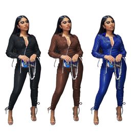 Womens PU leather outfits 2 piece set jacket long sleeve cardigan jogging sport suit sweatshirt tights sport suit women zipper tops klw5699