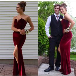 Side Split Velvet Long African Prom Dresses 2021Cheap Sexy Sweetheart Burgundy Formal Evening Party Special Occasion Gowns