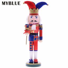 MYBLUE 37cm Vintage Wooden Clown Sculpture Statue Nutcracker Figurine Christmas Doll Ornaments Home Room Decoration Accessories 201130
