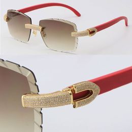 New Metal Luxury Rimless Man Womens Sunglasses Original Red Wood Mix Micro-paved Diamond Set Woman Sun glasses Male and Female Driving Frame with 18K Gold Eyeglasses