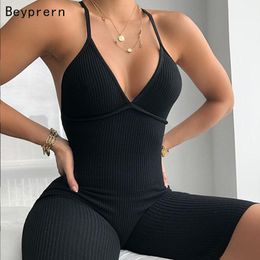 Beyprern Sexy Solid Black Skinny Short Jumpsuit Rompers Women Bandage Backless Overalls Jumpsuits Sport Wear Fitness T200704