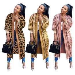 Newest Lisitng Leopard Diamond Printed Women Long Trench Coats Long Sleeves V Neck Cardigan Mid Calf Lady Long Coat Outwear 201031