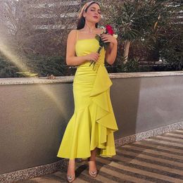 Yellow Arabia Midi Bridesmaid Dresses Spaghetti Strap Satin Wedding Guest Gowns Ruffles Asymmetrical Hem Prom Dress