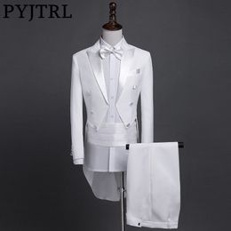 PYJTRL New Plus Size S-4XL Mens Classic Black White Shiny Lapel Tail Coat Tuxedo Wedding Groom Stage Singer Four Piece Suit 201105
