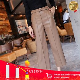 Women's PU Leather Pants With Belt High Waisted Wide Leg Anke-length Women's Trousers Winter Autumn NEW Fashion Clothes 201031