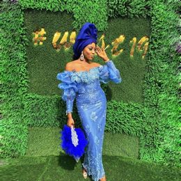 Blue Aso Ebi Dresses Off Shoulder Puffy Long Sleeves Appliques Lace Plus Size Party Birthday Gowns Mermaid Evening Dress 322