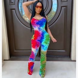 HAOYUAN Sexy Tie Dye Bodycon Rompers Women Jumpsuit One Peice Club Outfits Ruched Stacked Pant Spaghetti Strap Backless Overalls T200509