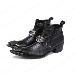 Fashion Metal Charm Formal Party Men Dress Boots Mid Heel Genuine Leather Ankle Boots Male Motorcycle Short Boots