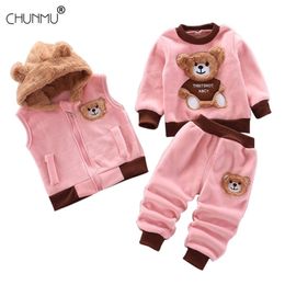 Children's Clothing Winter Suit 1 2 3 4 Years Toddler Boy Girl Fashion Fleece Thick Warm 3PCS Set Vest Hooded Tops Pants 201031