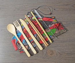 bamboo flatware set 7pcs/set portable cutlery set with cloth bag dinnerware set knife fork spoon chopsticks straw tableware sets SN2160
