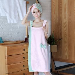 2PC/Set 140cm Women's Fashion Sling Bath Towel Quick-Drying Night Gown Lovely Bow Travel Hair Fast Super Absorbent Accessories 201216