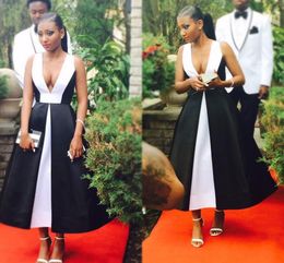 A African Line Black White Prom Dresses Deep V Neck Tea Length Backless Formal Dress Evening Gowns Party Wear Robes De Bal