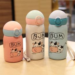 Bpa-free 300ml Baby's drinking 304 Stainless steel straw thermos cup portable rope mini Vacuum Flask Cartoon tea water Bottle Y200106