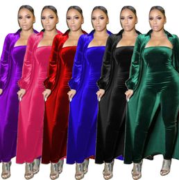 Plus size 3X Women fall winter velour outfits long sleeve cardigan coat+jumpsuits two piece set solid Colour tracksuit casual sportswear 4277