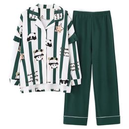 Panda Cute Print Womens Pyjamas Set Ladies Cotton Homewear Full Length Sleepwear 201217