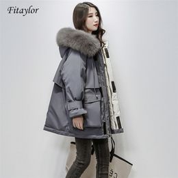 Fitaylor Large Natural Fox Fur Hooded Winter Jacket Women 90% White Duck Down Thick Parkas Warm Sash Tie Up Snow Coat 201210