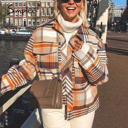 Simplee Single breasted women plaid jacket coat Long sleeve casual autumn outwear female coat Streetwear oversize ladies coat T200212