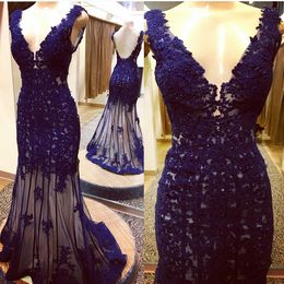 Blue Lace Sequined Dresses Evening Wear Formal Womens Long 2021 Mermaid Deep V-neck Sexy Open Back Prom Dress Girls Special Occasion Party