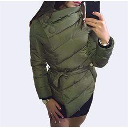 Autumn and Winter Single Breasted Women'S Casual fashion Thin Short Coat High Neck Sashes Button Coats Warm Sashes Jacket 201214
