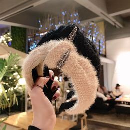 Fashion Women Knitted Plush Tie Headband Warm Hair Jewellery Accessories Shining Rhinestone Hairband Wide Side Casual Hair Hoop