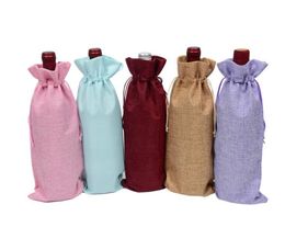 10pcs Jute Wine Bottle Christmas Gift Bag burgundy 16X36cm wine Decorations folding bags Festive supplies