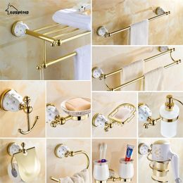 Diamond Stars Bathroom Accessories Sets Crystal Brass Gold Bathroom Hardware Sets Wall Mounted Ceramic Base Bathroom Products LJ201211