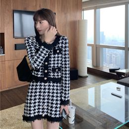 2021 Knitting Suit Women's Dresses Autumn New Fashion Houndstooth Cardigan Skirt Lady Elegant Two-Piece Dress Set Knitted Skirt Set