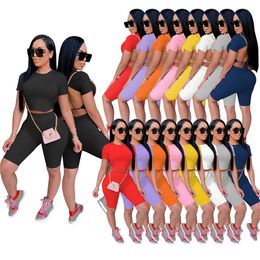 5 Types Women Short Sleeve Tracksuits Outfits 2 Piece Set Jogging Sportsuit Legging Sportswear Sweatshit Tights Solid Color K8673