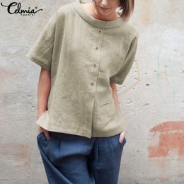 Celmia Plus Size Summer Tops 2019 Women Vintage Linen Blouses Buttons Short Sleeve Shirts Patchwork Casual Loose Blusas Feminina T200321