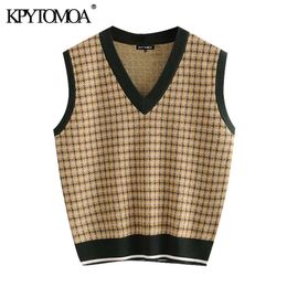 KPYTOMOA Women Fashion With Ribbed Trim Plaid Knitted Vest Sweater Vintage V Neck Sleeveless Female Waistcoat Chic Tops 201120