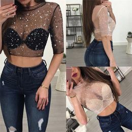 Women Sexy Mesh Sheer Transparent Tee T-shirt Crop Top Short Sleeve Sequined Sparky Bling Clubwear Tops