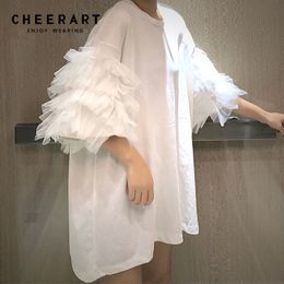 CHEERART Summer Oversized T Shirt Women Short Sleeve Mesh Top Cotton Tees Shirt Femme Puff Sleeve Top Korean Streetwear 201029