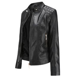 NXH new leather jacket women spring autumn OL stand collar motor biker coat pu outwear fall jacket black red 210201