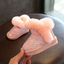 2019 Children's snow boots girls rabbit fur boots baby cotton shoes sequins genuine leather boots LJ201027