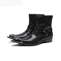 Luxury Italian Type Men Boots Iron Toe Black Ankle Boots Men Strap Fashion Cowboy Motorcycle Botas Hombre, Big Size 46