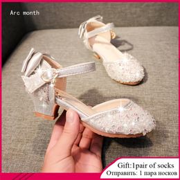 Kids Girls Shoes Sandals Bling Shiny Bow Princess High Heels Dance Children Waterproof Antiskid Footwear 220225