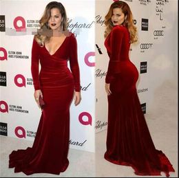 Burgundy Velvet Mermaid Prom Dresses Sexy V Neck Long Formal Evening Dress Long Sleeve 2021 Cheap Celerbity Party Dress