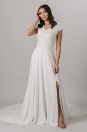 2021 New A-line Chiffon Modest Wedding Dresses Cap Sleeves V Neck Beads Lace Chiffon Sash LDS Bridal Gowns Wed Dress Bride Gowns Custom Made