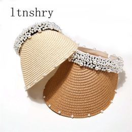 Summer Hand-woven pearl straw hat sun hat Visor Women Empty Top Hat For Girls Beach Hats Fashion Cap Ladies travel out door Y200714