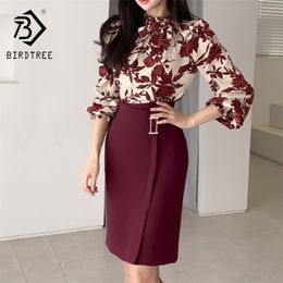 Spring Women Suits Print Long Lantern Sleeve Shirt Slim Fit Hip Mini Skirt Two Piece Set S01303M 220302
