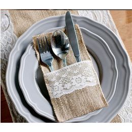 country table decorations NZ - 50pcs wedding table decoration Table Decoration Accessories burlap Silverware Holders country wedding lace jute bags for cutlery C1210